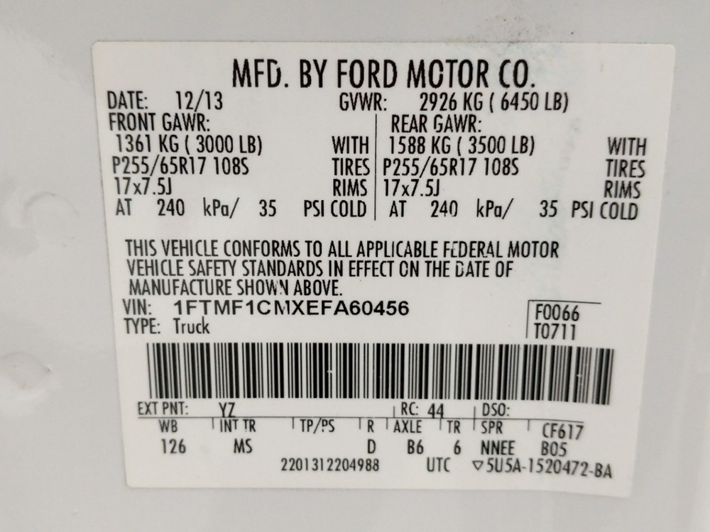 2014 Ford F-150 - VIN Plate