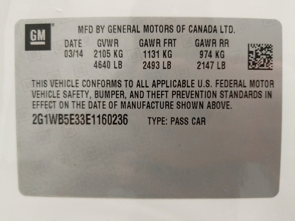 2014 Chevrolet Impala - VIN Plate