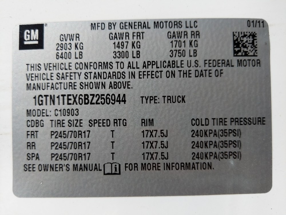 2011 GMC Sierra 1500 - VIN Plate