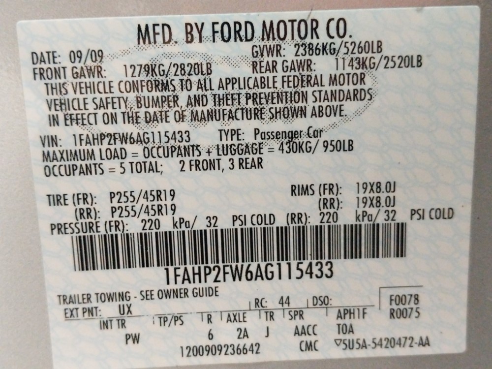 2010 Ford Taurus - VIN Plate