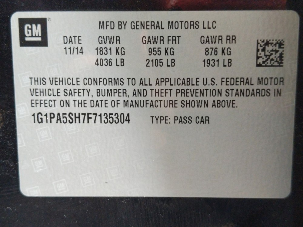2015 Chevrolet Cruze - VIN Plate