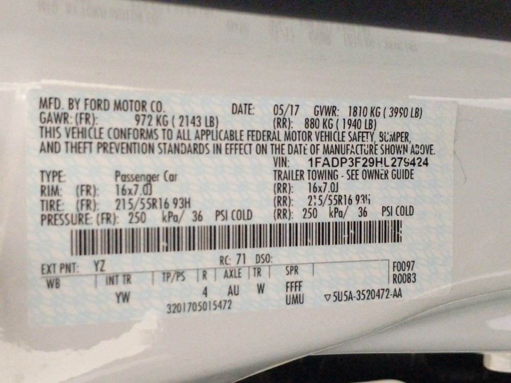 2017 Ford Focus - VIN Plate