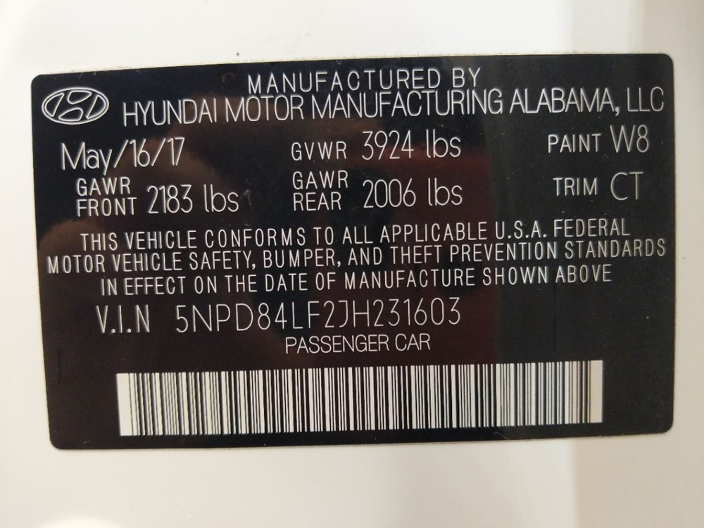 2018 Hyundai Elantra - VIN Plate