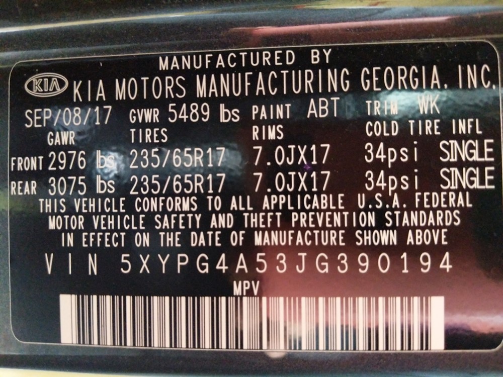2018 Kia Sorento - VIN Plate