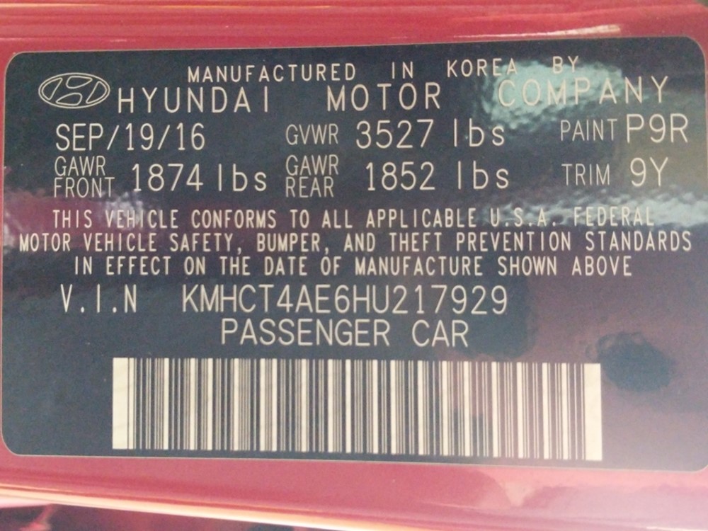 2017 Hyundai Accent - VIN Plate