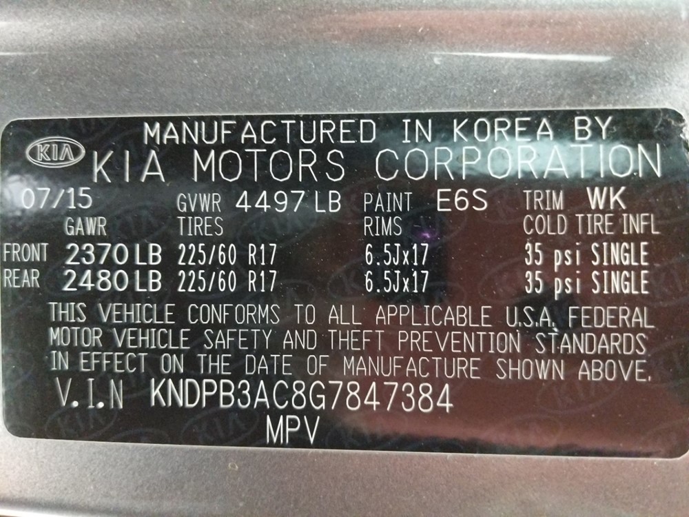 2016 Kia Sportage - VIN Plate