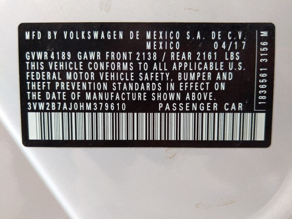2017 Volkswagen Jetta - VIN Plate