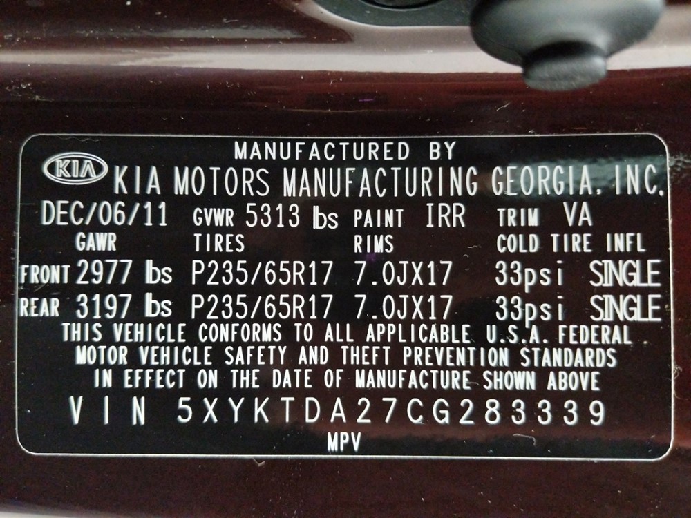 2012 Kia Sorento - VIN Plate
