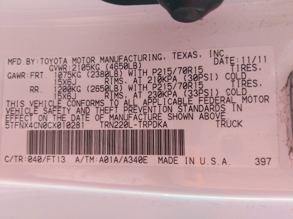 2012 Toyota Tacoma - VIN Plate