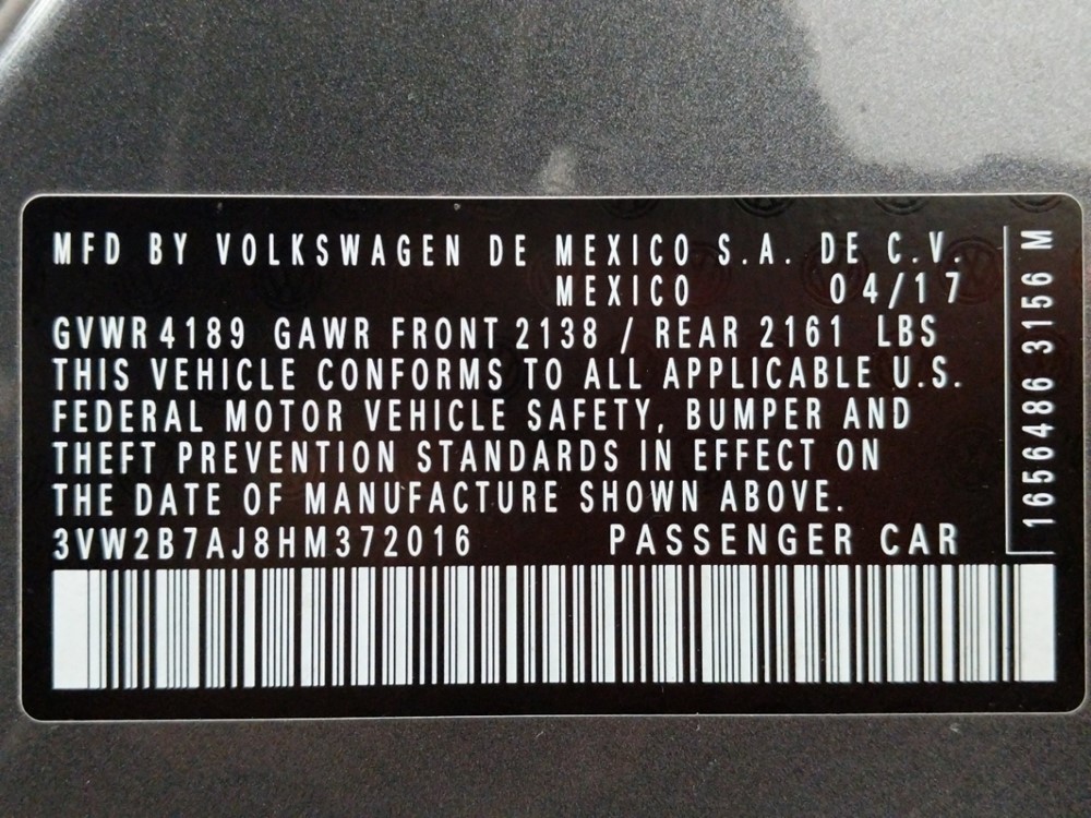 2017 Volkswagen Jetta - VIN Plate