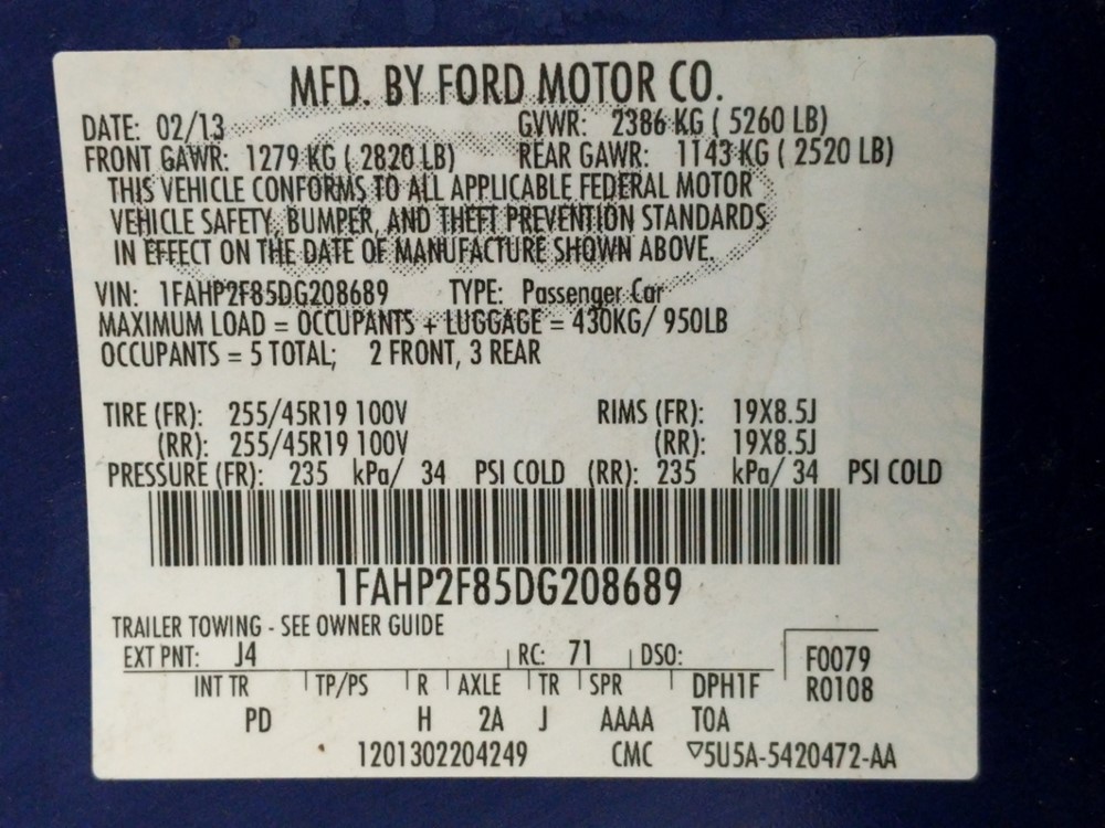2013 Ford Taurus - VIN Plate