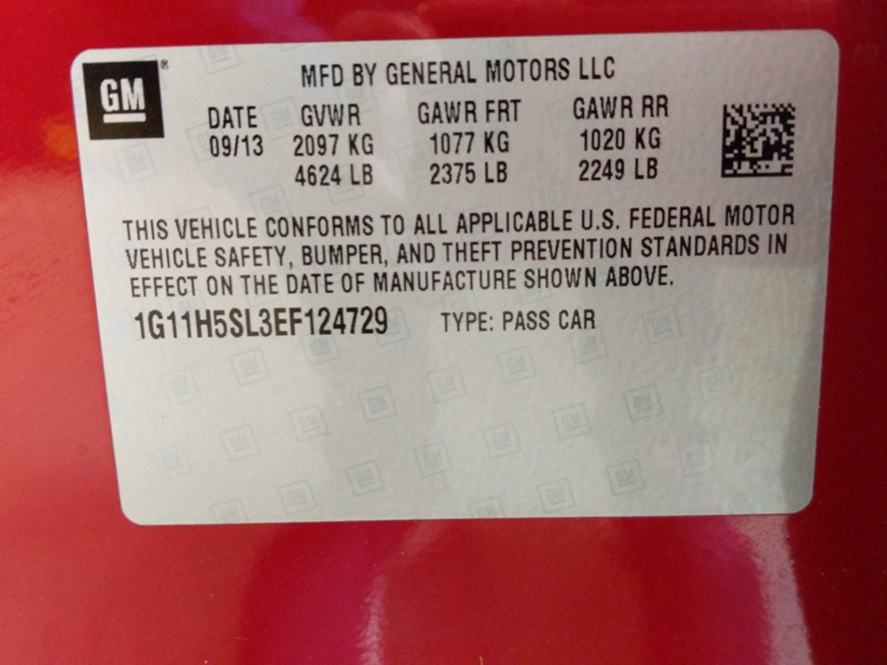 2014 Chevrolet Malibu - VIN Plate