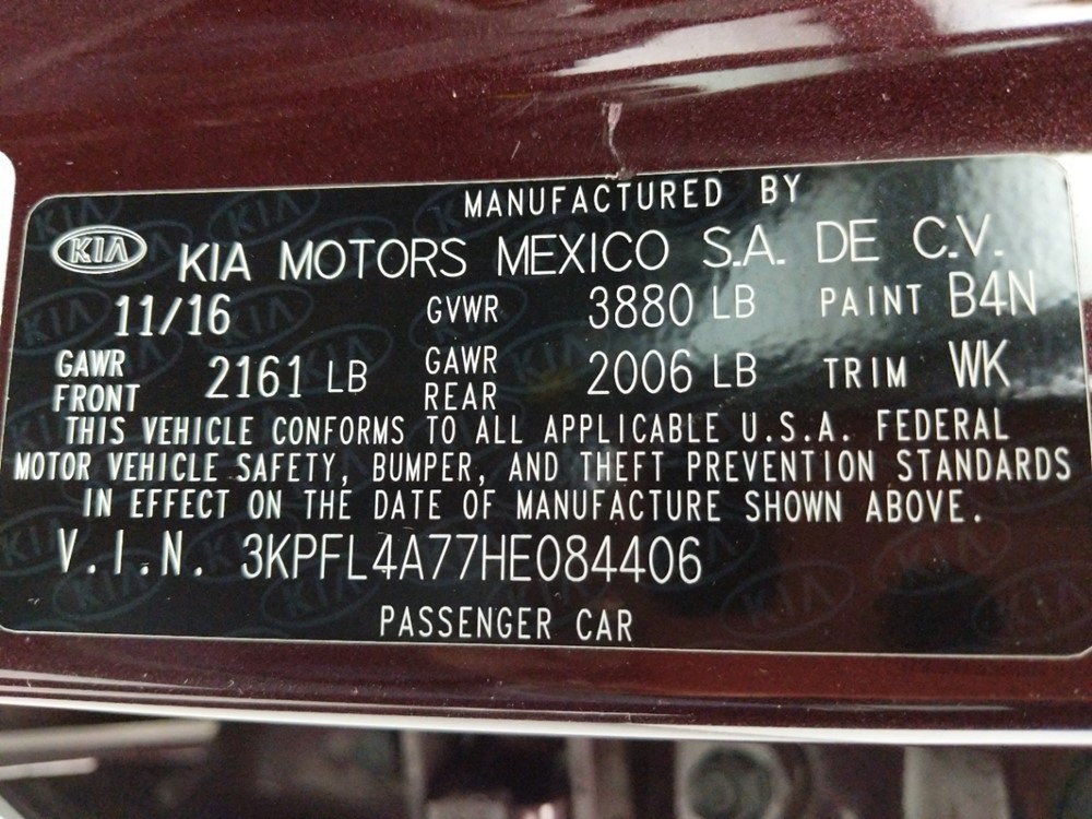 2017 Kia Forte - VIN Plate