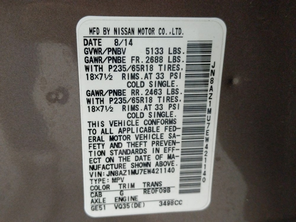 2014 Nissan Murano - VIN Plate