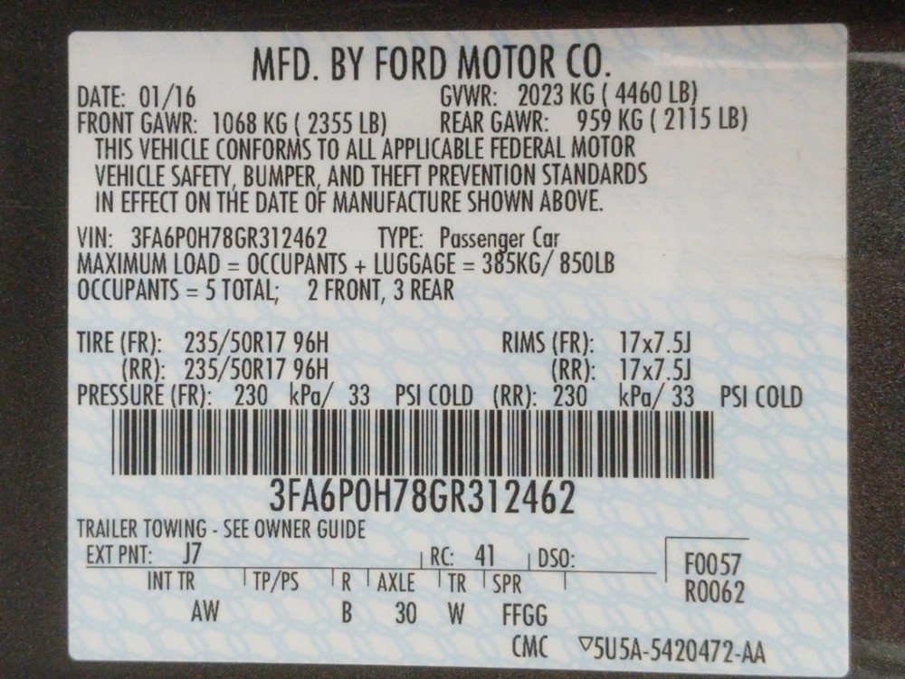 2016 Ford Fusion - VIN Plate
