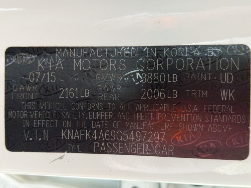 2016 Kia Forte - VIN Plate