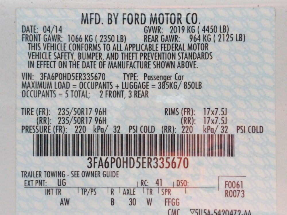 2014 Ford Fusion - VIN Plate