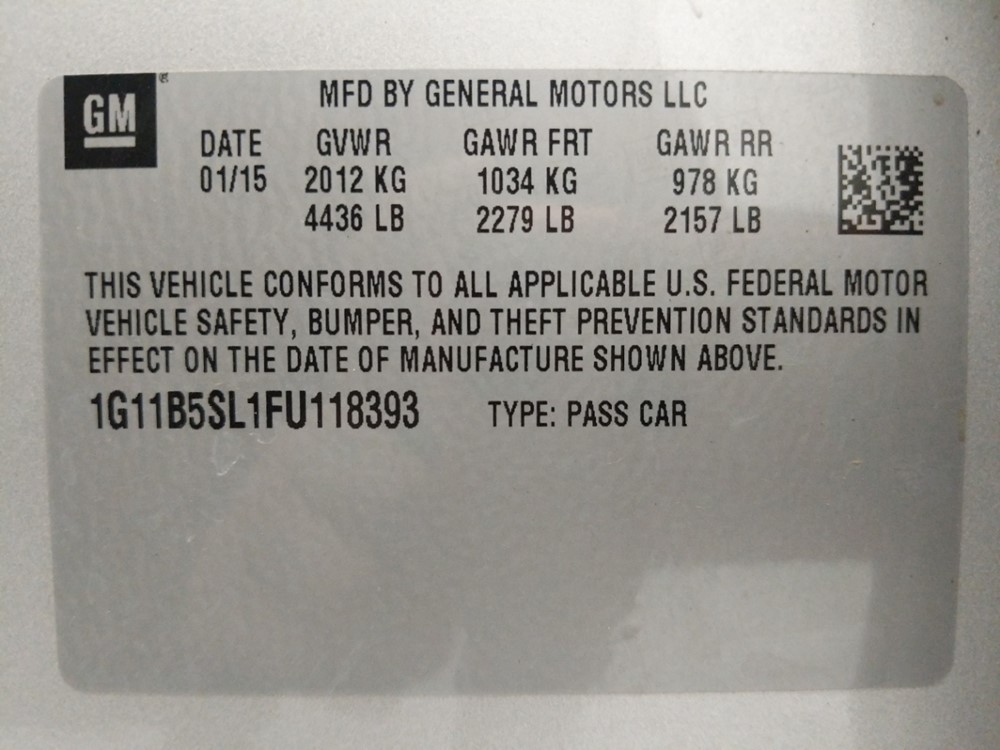 2015 Chevrolet Malibu - VIN Plate