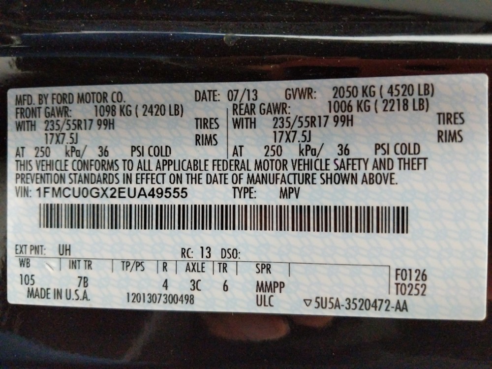 2014 Ford Escape - VIN Plate