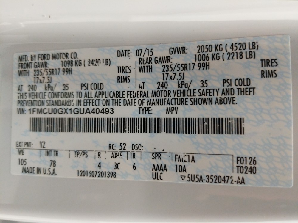 2016 Ford Escape - VIN Plate