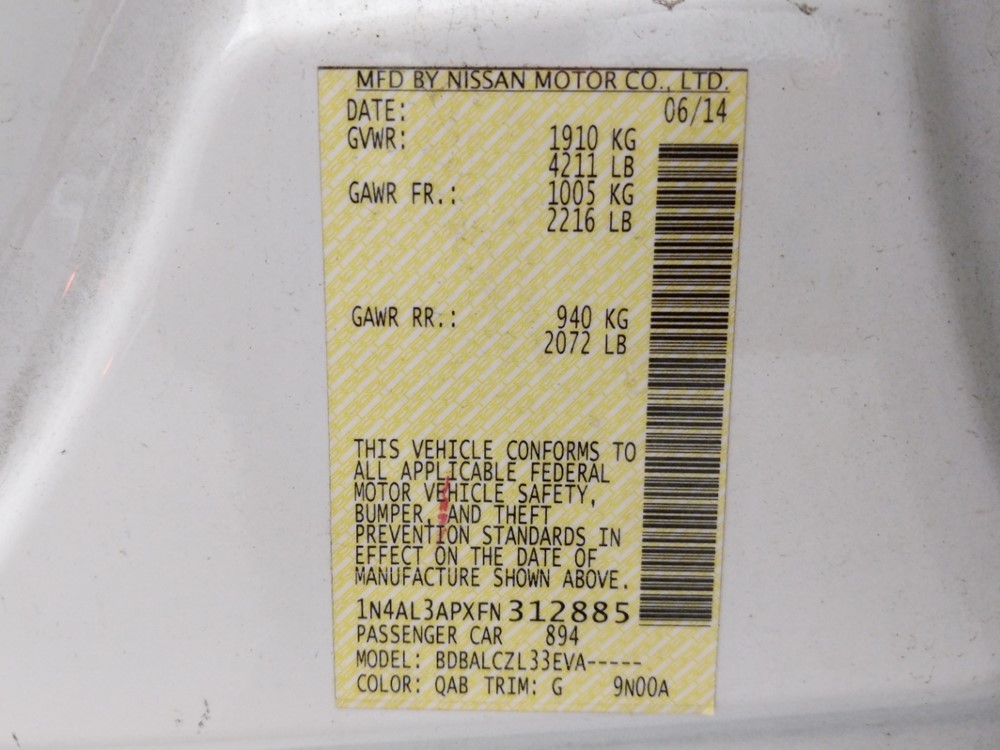 2015 Nissan Altima - VIN Plate
