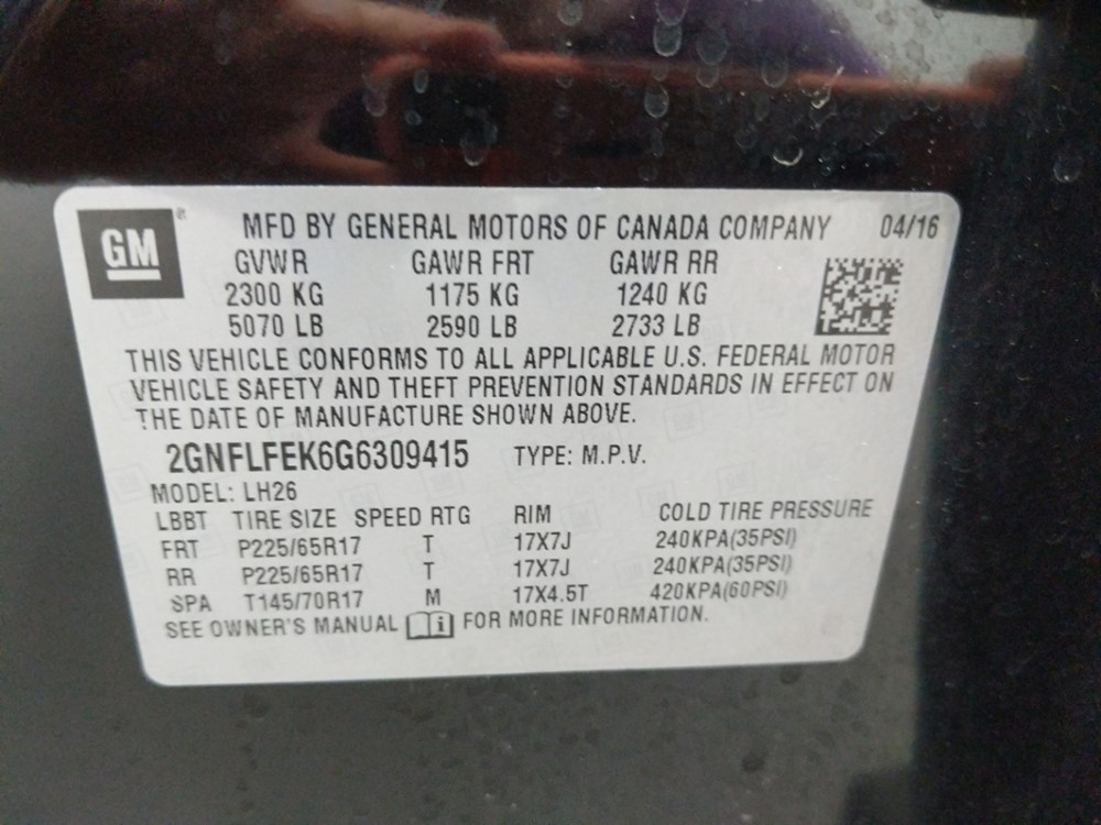 2016 Chevrolet Equinox - VIN Plate