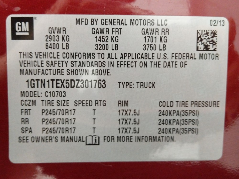 2013 GMC Sierra 1500 - VIN Plate