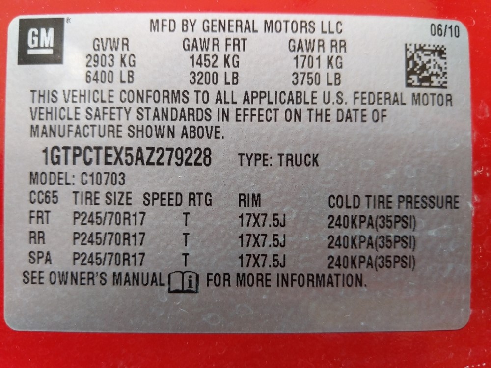 2010 GMC Sierra 1500 - VIN Plate
