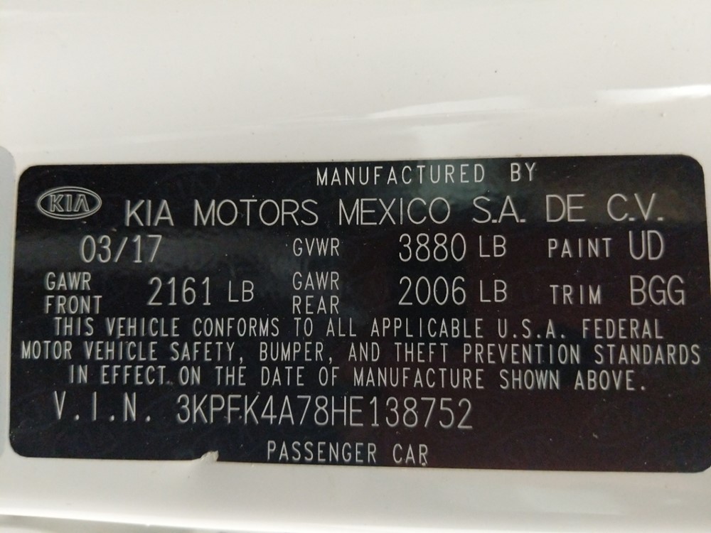 2017 Kia Forte - VIN Plate