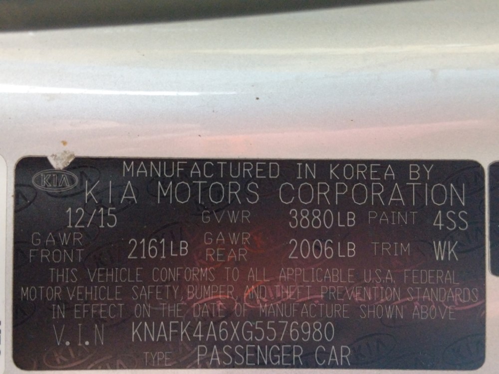 2016 Kia Forte - VIN Plate