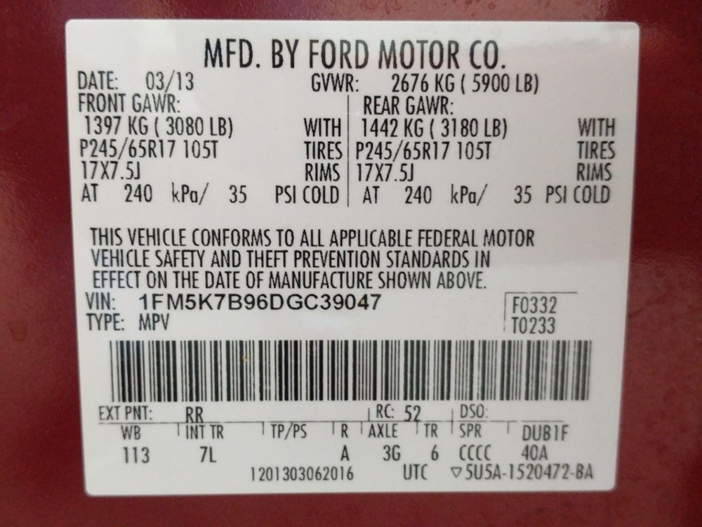 2013 Ford Explorer - VIN Plate