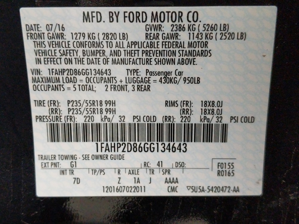2016 Ford Taurus - VIN Plate