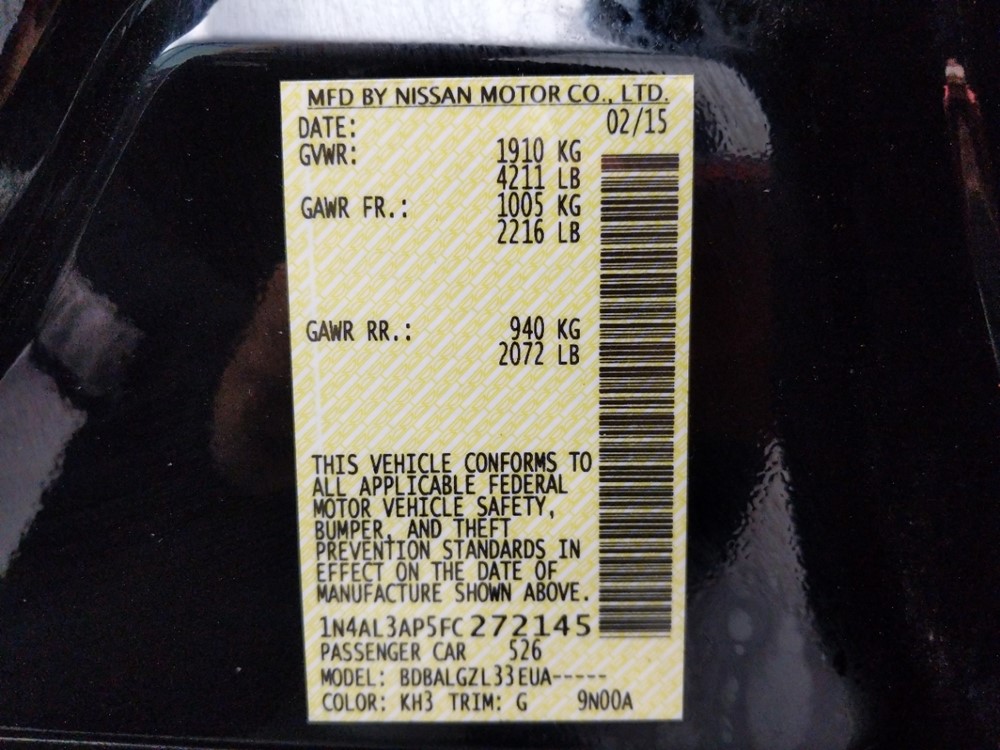 2015 Nissan Altima - VIN Plate