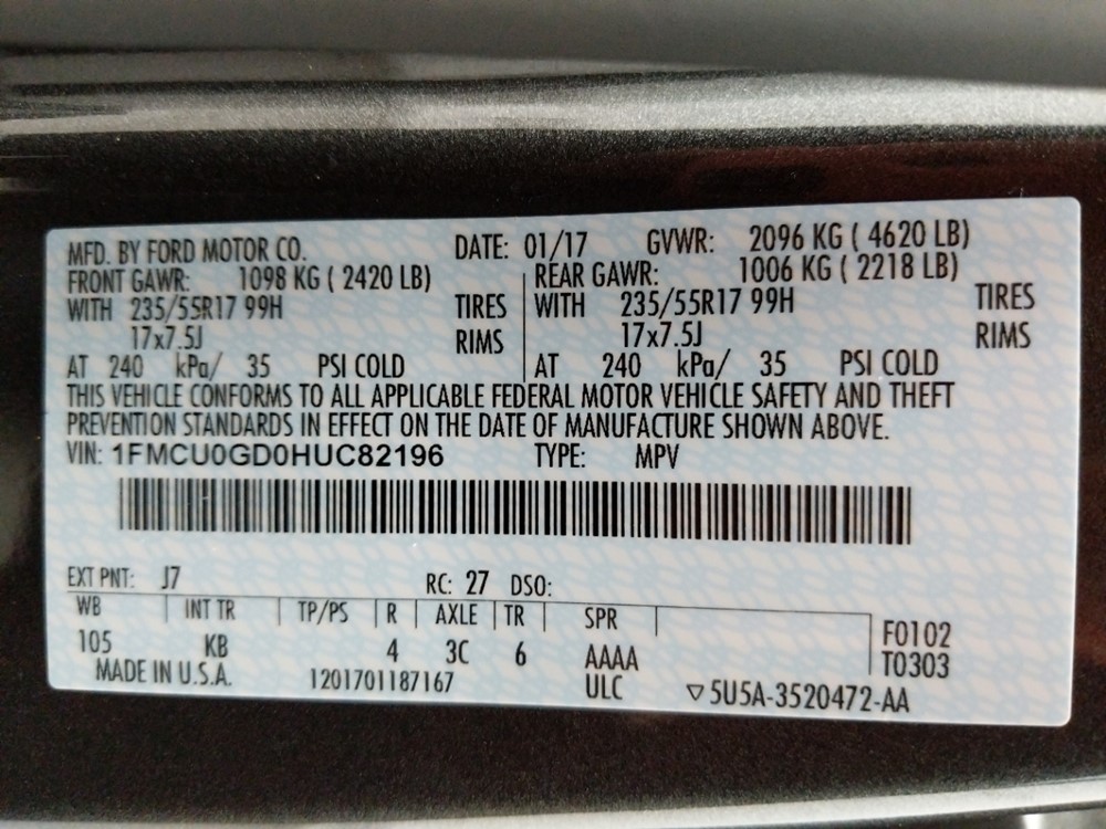 2017 Ford Escape - VIN Plate