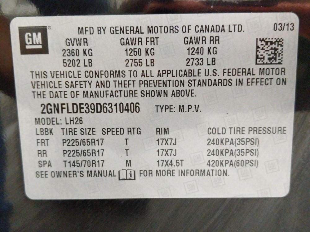 2013 Chevrolet Equinox - VIN Plate