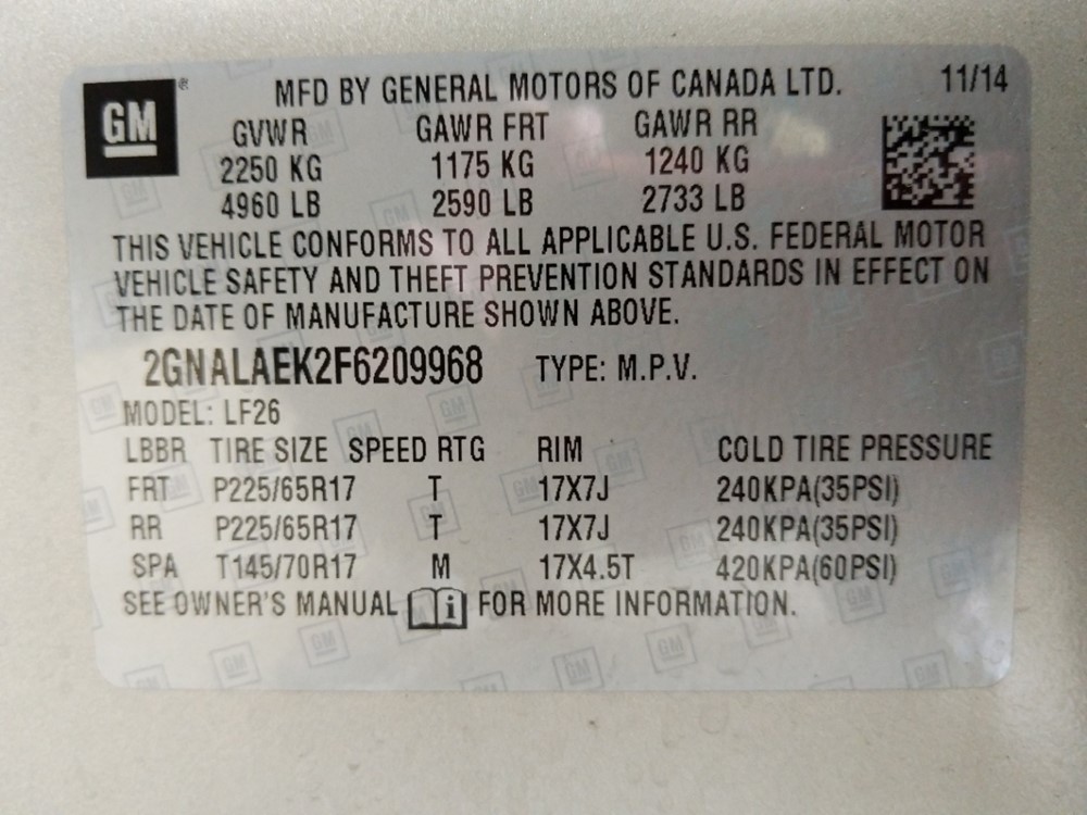 2015 Chevrolet Equinox - VIN Plate