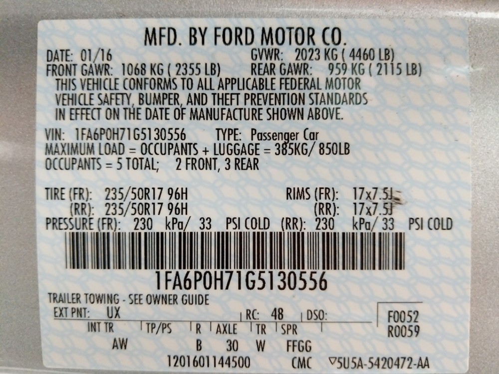 2016 Ford Fusion - VIN Plate