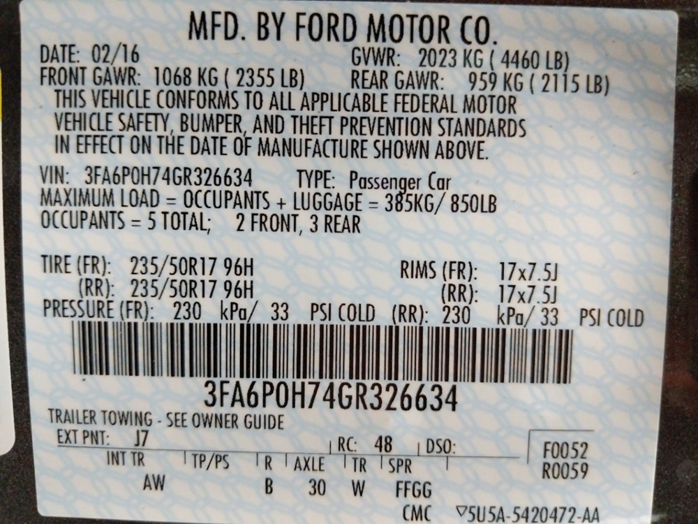 2016 Ford Fusion - VIN Plate