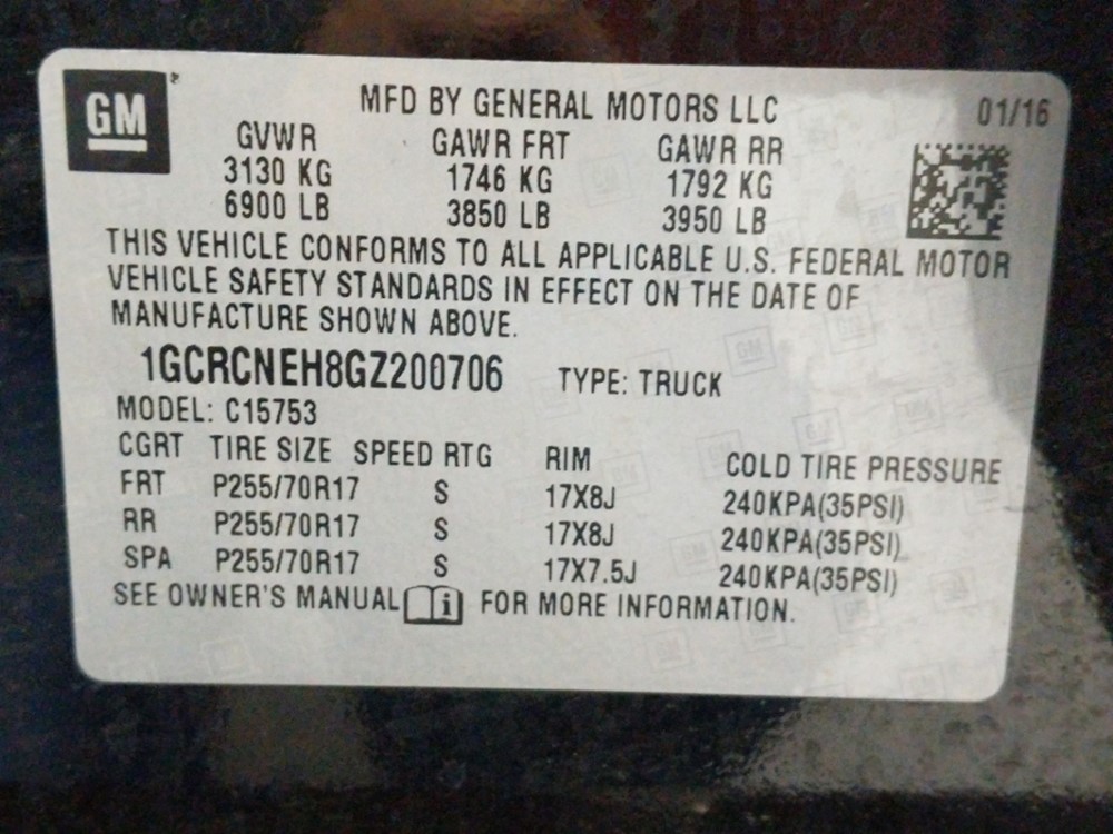 2016 Chevrolet Silverado 1500 - VIN Plate