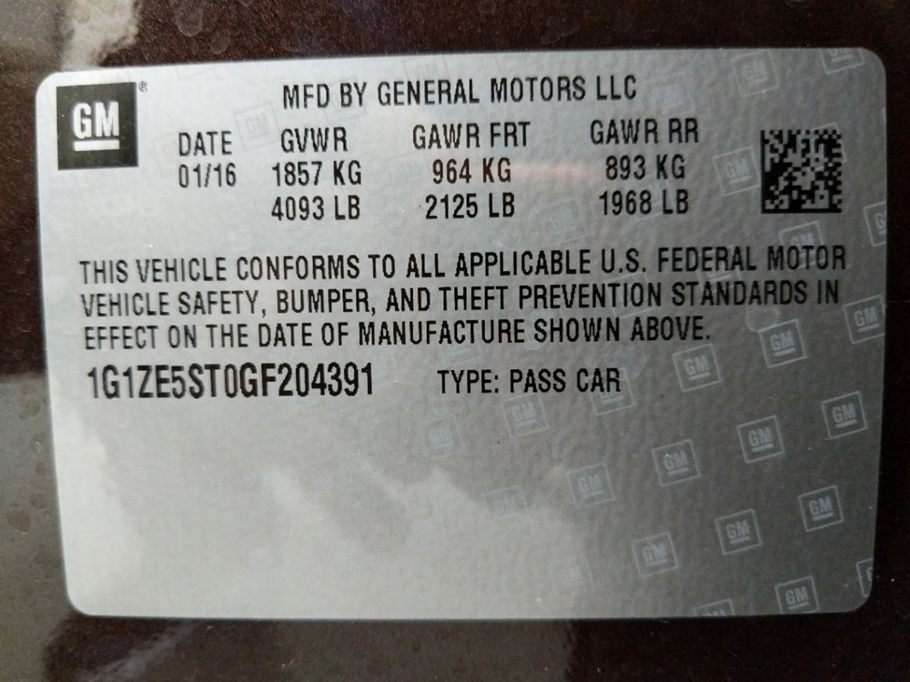 2016 Chevrolet Malibu - VIN Plate