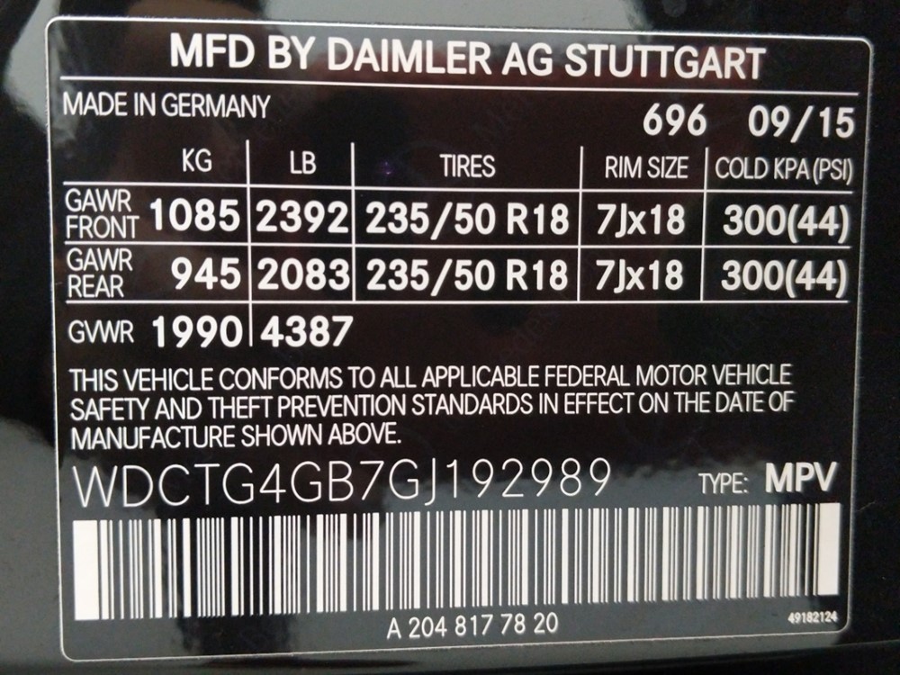2016 Mercedes-Benz GLA250 - VIN Plate