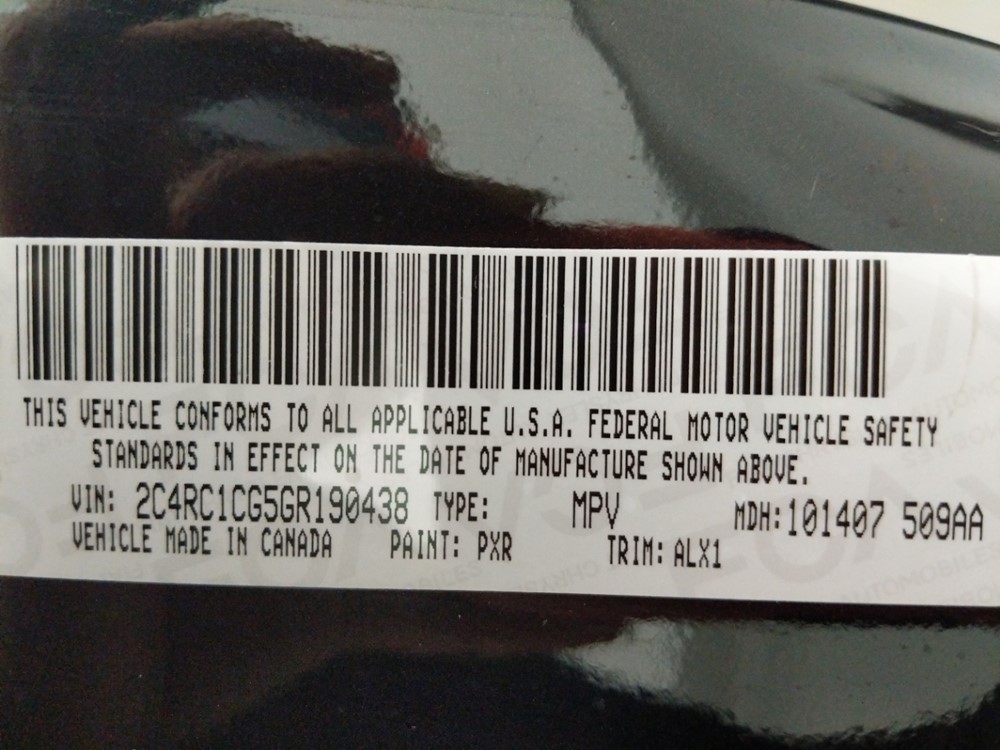 2016 Chrysler Town and Country - VIN Plate