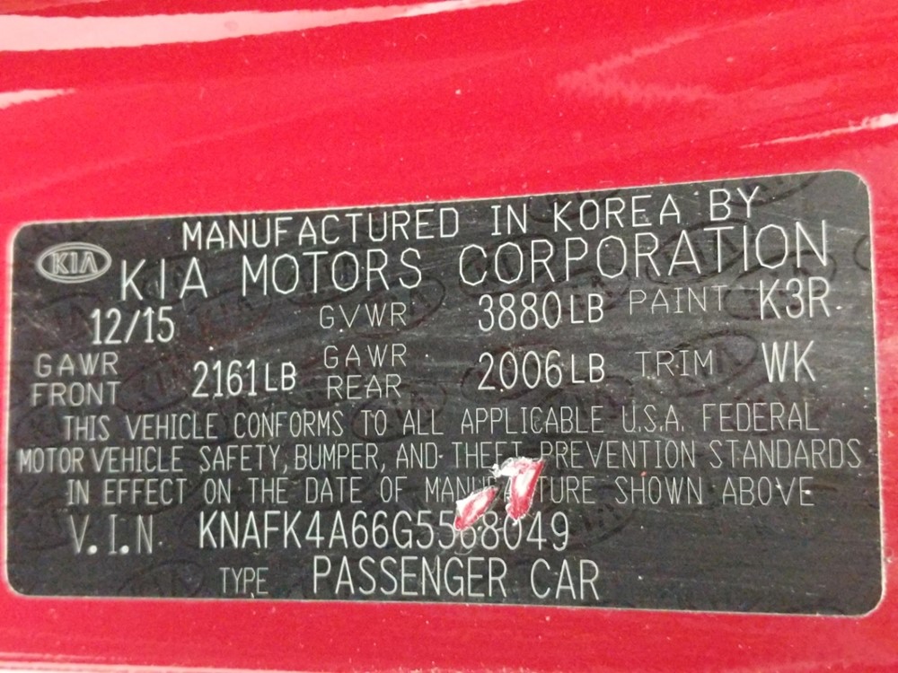 2016 Kia Forte - VIN Plate