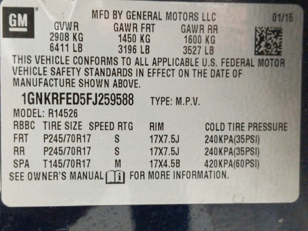 2015 Chevrolet Traverse - VIN Plate