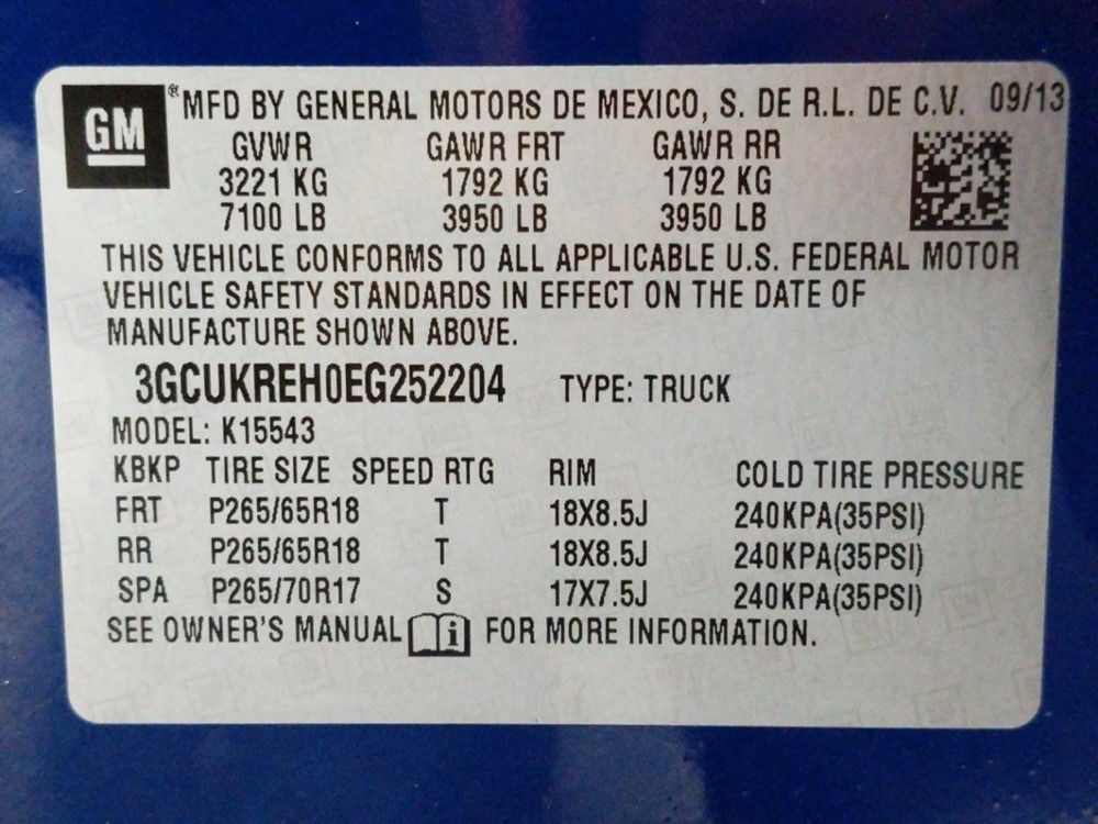2014 Chevrolet Silverado 1500 - VIN Plate
