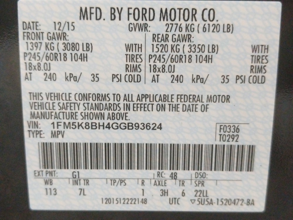 2016 Ford Explorer - VIN Plate