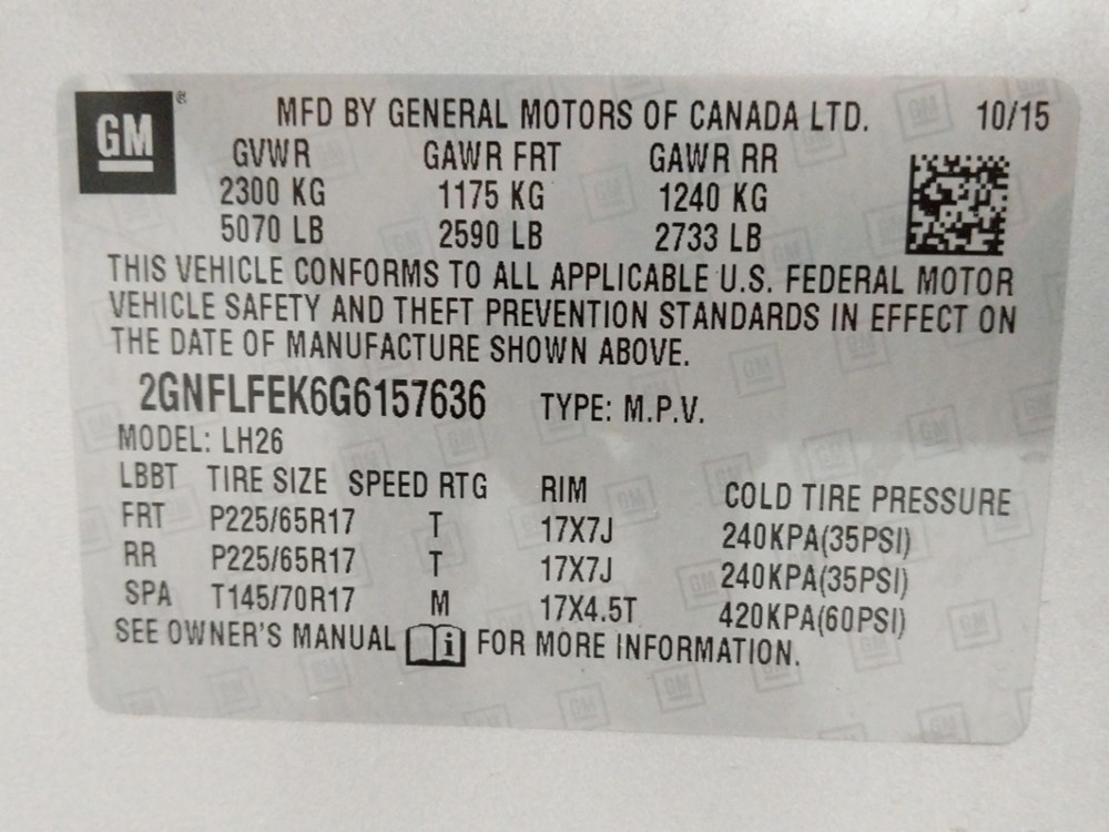 2016 Chevrolet Equinox - VIN Plate