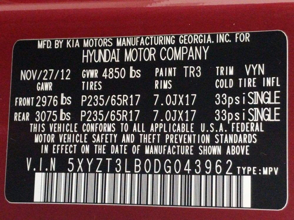 2013 Hyundai Santa Fe - VIN Plate
