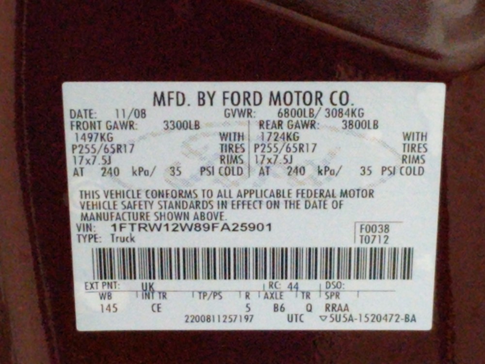 2009 Ford F-150 - VIN Plate