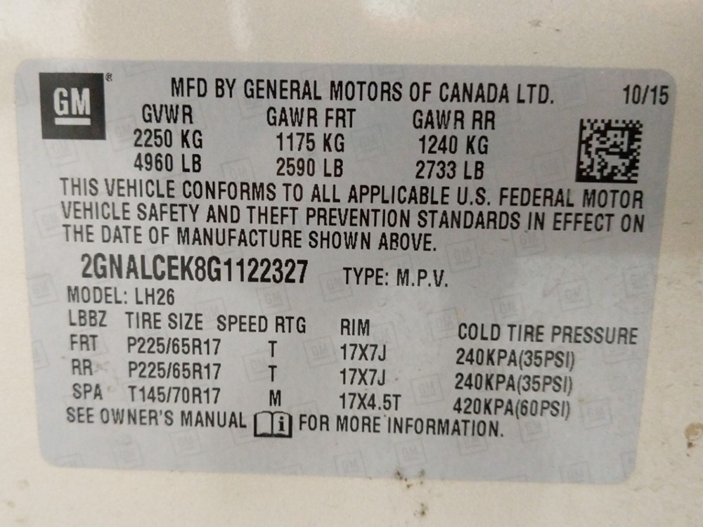 2016 Chevrolet Equinox - VIN Plate